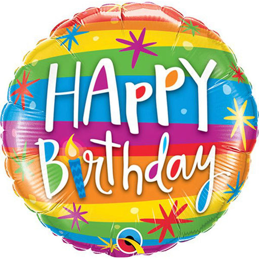 A 9-inch flat HI balloon in multicolor, featuring vibrant rainbow stripes for a lively birthday celebration