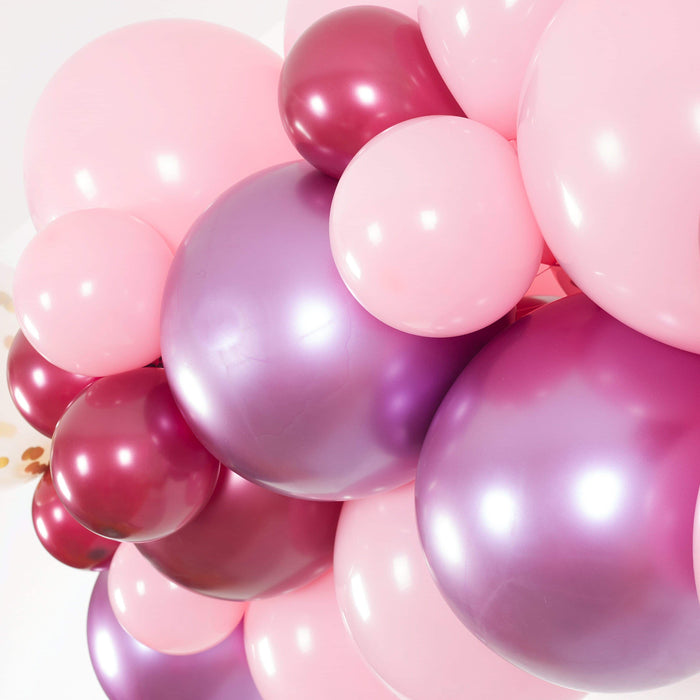 Bubblegum Pink, Burgundy and Mauve Balloon Arch and Garland Kit (5, 10, 16 foot) - Shimmer & Confetti
