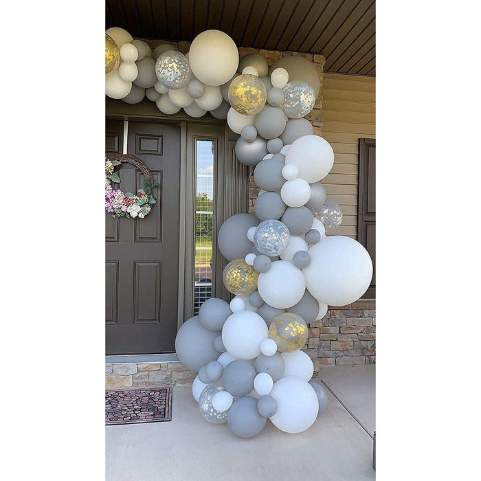 16-Foot DIY White and Gray Balloon Garland and Arch Kit with Giant Silver Confetti Balloons