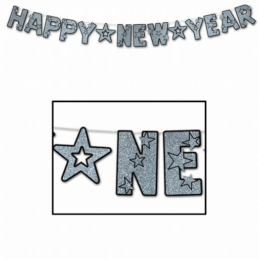 Glittery New Year Streamer - Silver & Black Glitter Letters (1/Pk)