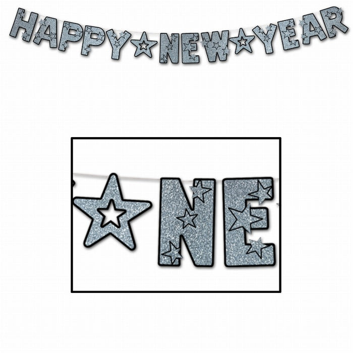 Glittery New Year Streamer - Silver & Black Glitter Letters (1/Pk)