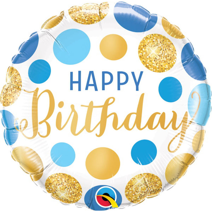 Regal Celebration 18-Inch Happy Birthday Blue and Gold Dots Qualatex Balloon (5/Pk)