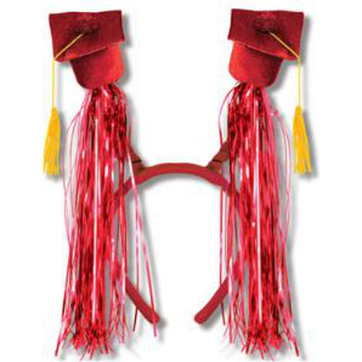 "Red Grad Cap With Fringe Bopper Headband"