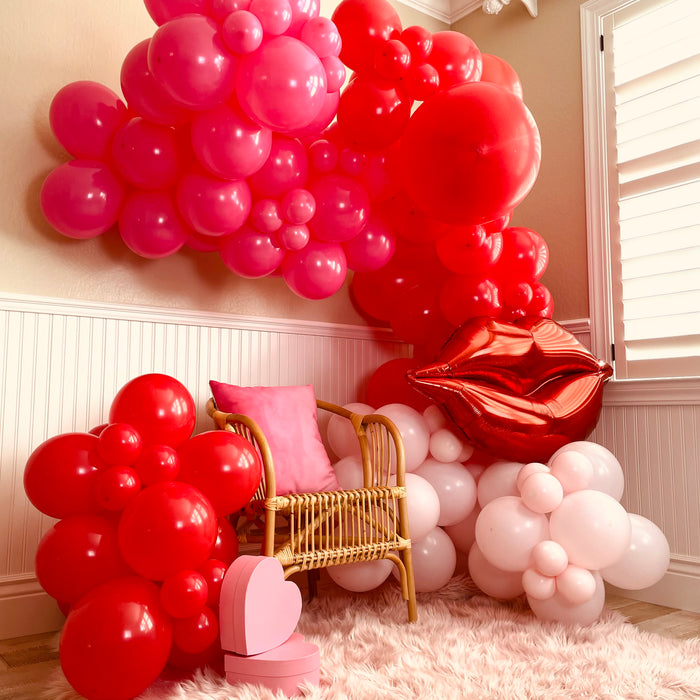 16ft Pastel Pink, Passion Pink and Red Balloon Arch and Garland Kit with Two Giant Red Lips