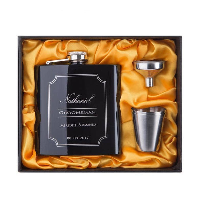 Personalized Stainless Steel Hip Flask Set in Pink and Black Colors - Perfect Party Favors for Bridesmaids and Groomsmen - Black Color Set packed in Box